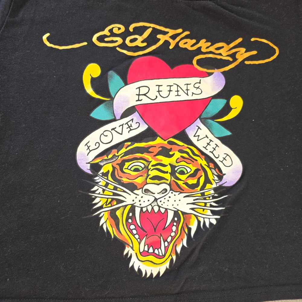 Ed Hardy Womens Black Graphic Tee Love Runs Wild Tiger Heart Crop Top Large